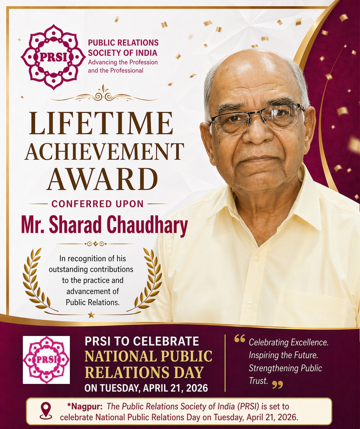 नागपुर : PRSI द्वारा श्री शरद चौधरी को जीवन गौरव सम्मान